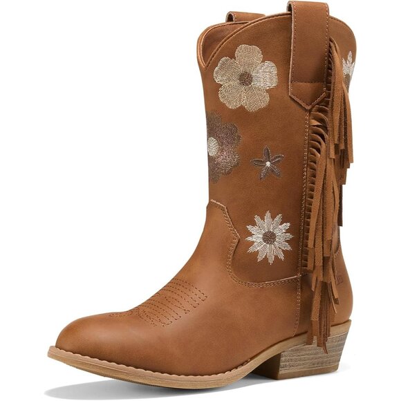 Girls Brown Cowgirl Boots With Tassel Floral Embroidered Kids Western Boots - Picture 1 of 7